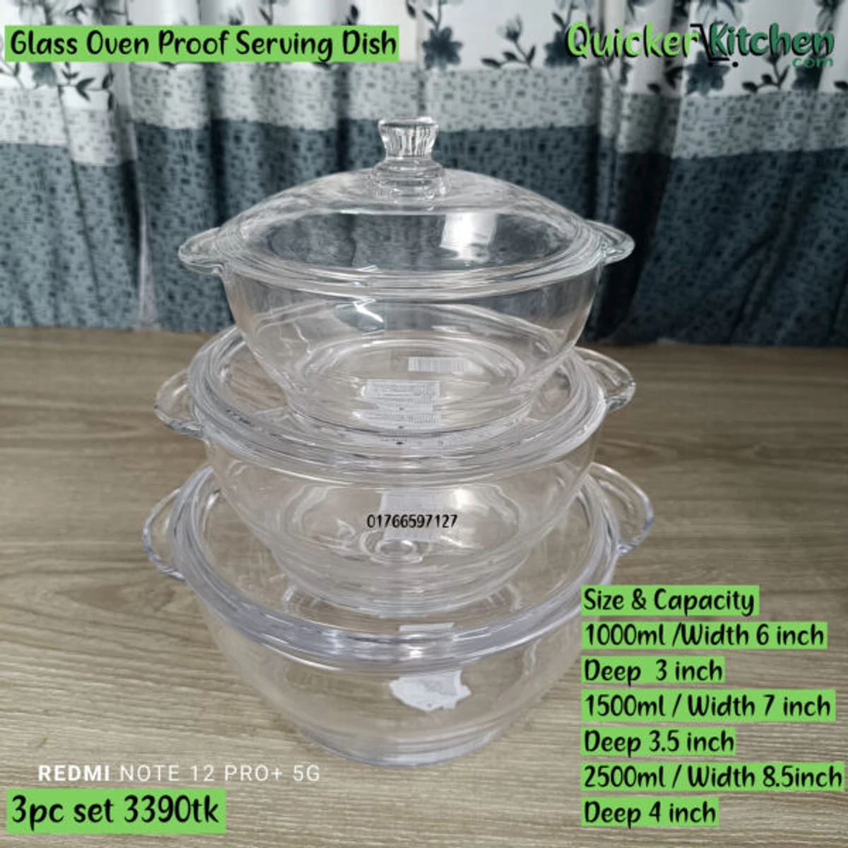 Oven Proof Galss Serving Dish with Lid ( 3Pc Set ) - Image 3