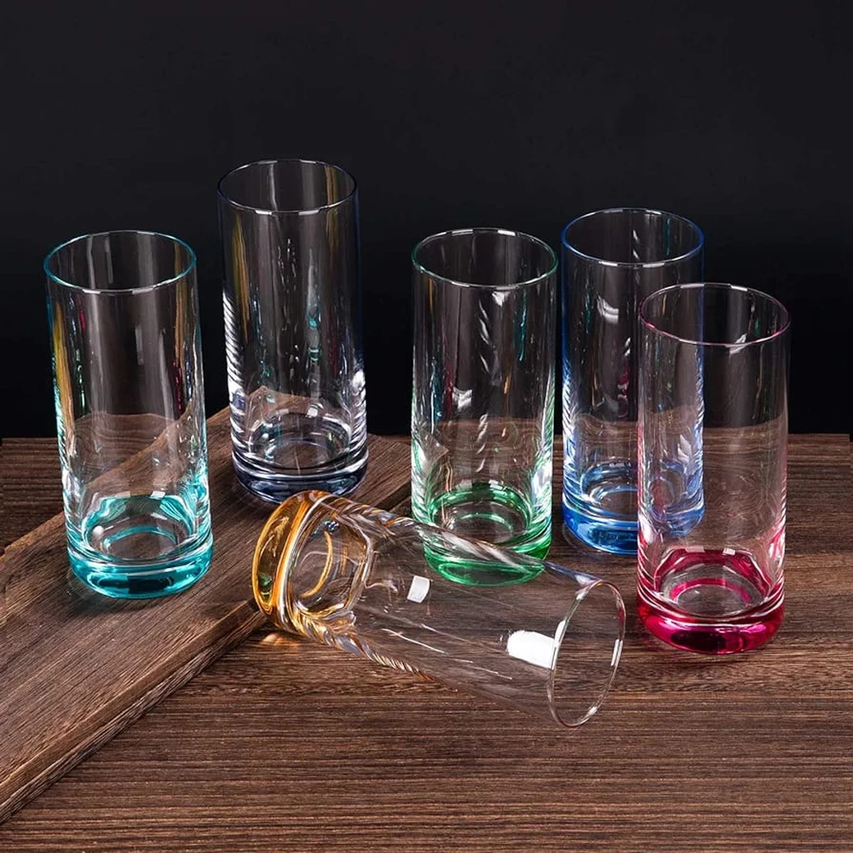 6 Pcs WATER CLEAR GLASS WITH COLOR IMPRINT UNDER ELEGANT COLOR CLEAR GLASS 280 ml