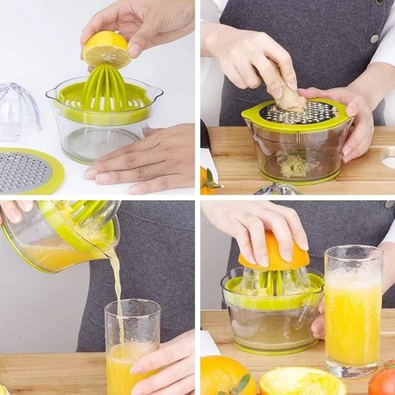 4 in 1 Multi-functional Manual Hand Fruit Squeezer Citrus Lemon Orange Hand Juicer with Stainless Steel Grinding Board Garlic Grater Egg Yolk Separator for Kitchen Dinner Room