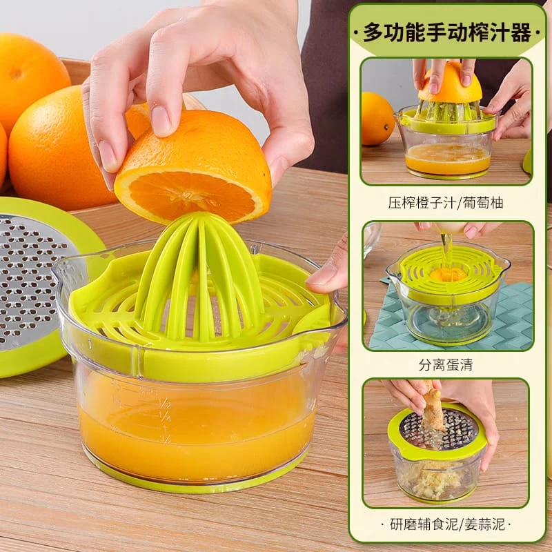 4 in 1 Multi-functional Manual Hand Fruit Squeezer Citrus Lemon Orange Hand Juicer with Stainless Steel Grinding Board Garlic Grater Egg Yolk Separator for Kitchen Dinner Room