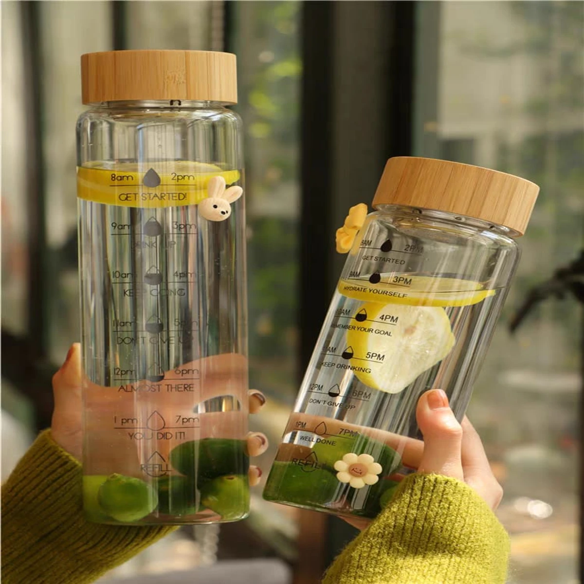 1000ml Large Capacity Glass Water Bottle With Time Marker Cover For Water Drink Transparent Milk Juice Simple Cup Birthday Gift