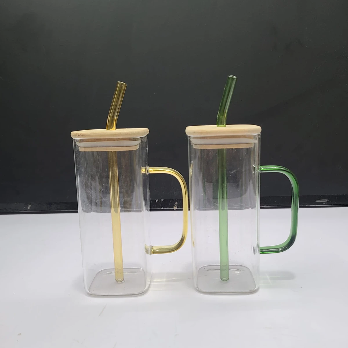 2 pcs Glass Mug, with Handle and Wooden Lid colour Green-Golden